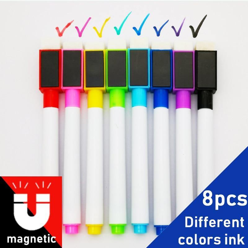 8Pcs/lot Colorful Black School Classroom Supplies Magnetic Whiteboard Pen Markers Dry Eraser Pages Children's Drawing Pen - MCNM's Marketplace