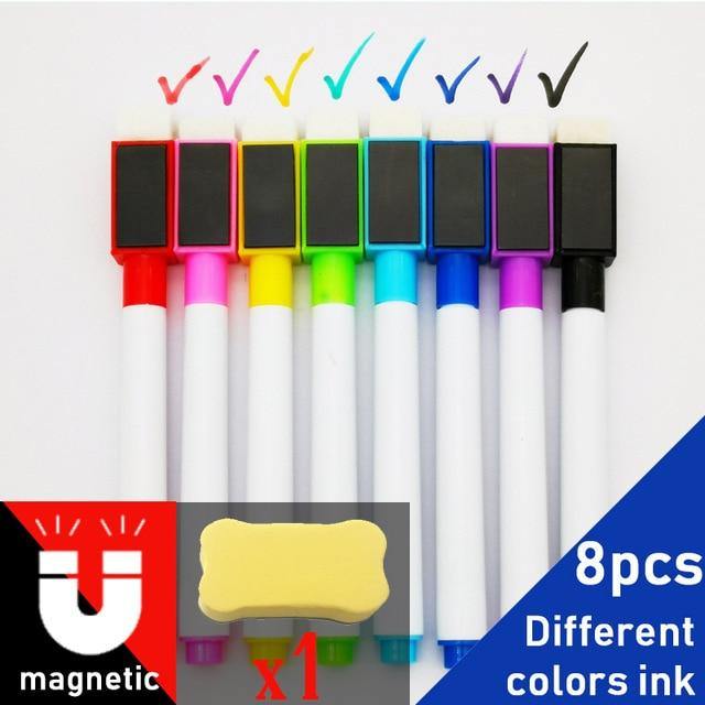 8Pcs/lot Colorful Black School Classroom Supplies Magnetic Whiteboard Pen Markers Dry Eraser Pages Children's Drawing Pen - MCNM's Marketplace