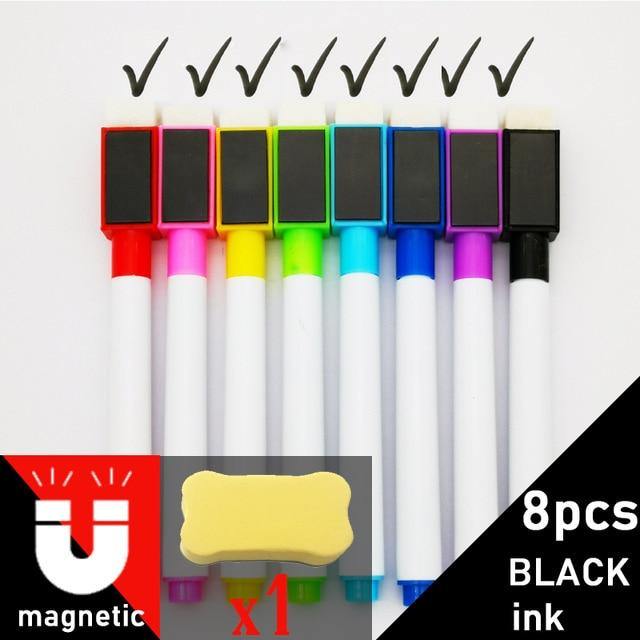 8Pcs/lot Colorful Black School Classroom Supplies Magnetic Whiteboard Pen Markers Dry Eraser Pages Children's Drawing Pen - MCNM's Marketplace