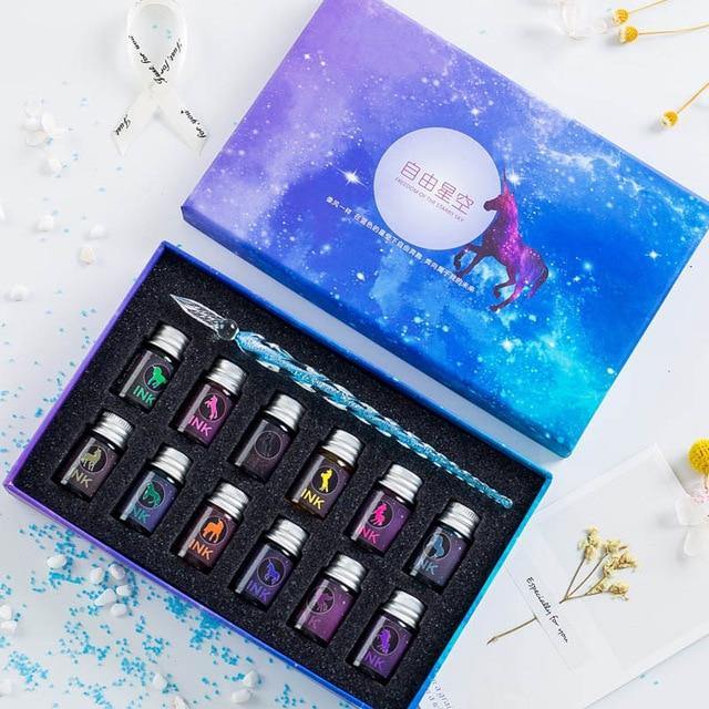 13/7Pcs Crystal Glass Pen Starry Sky Unicorn Dip Pen Glitter Powder Fountain Pen 12 Colors Ink Gift Box Set Writing Supplies - MCNM's Marketplace