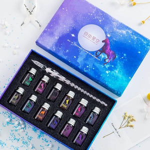 13/7Pcs Crystal Glass Pen Starry Sky Unicorn Dip Pen Glitter Powder Fountain Pen 12 Colors Ink Gift Box Set Writing Supplies - MCNM's Marketplace