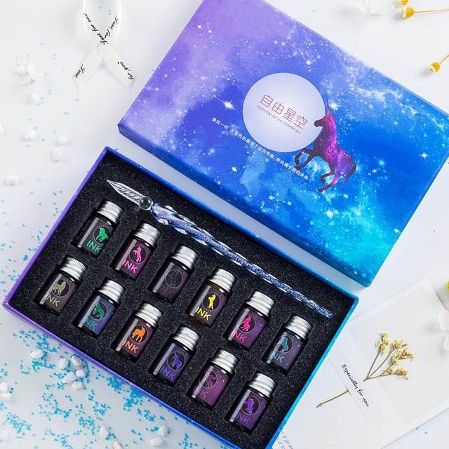 13/7Pcs Crystal Glass Pen Starry Sky Unicorn Dip Pen Glitter Powder Fountain Pen 12 Colors Ink Gift Box Set Writing Supplies - MCNM's Marketplace