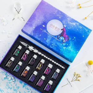 13/7Pcs Crystal Glass Pen Starry Sky Unicorn Dip Pen Glitter Powder Fountain Pen 12 Colors Ink Gift Box Set Writing Supplies - MCNM's Marketplace