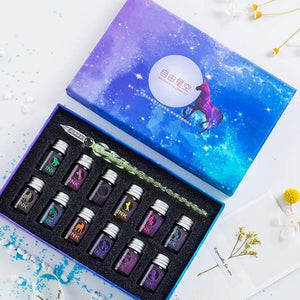 13/7Pcs Crystal Glass Pen Starry Sky Unicorn Dip Pen Glitter Powder Fountain Pen 12 Colors Ink Gift Box Set Writing Supplies - MCNM's Marketplace