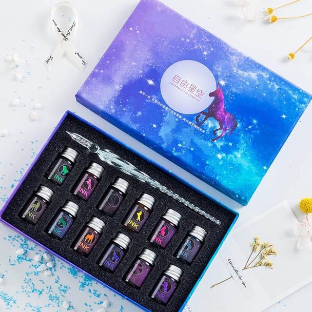 13/7Pcs Crystal Glass Pen Starry Sky Unicorn Dip Pen Glitter Powder Fountain Pen 12 Colors Ink Gift Box Set Writing Supplies - MCNM's Marketplace