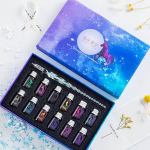 13/7Pcs Crystal Glass Pen Starry Sky Unicorn Dip Pen Glitter Powder Fountain Pen 12 Colors Ink Gift Box Set Writing Supplies - MCNM's Marketplace