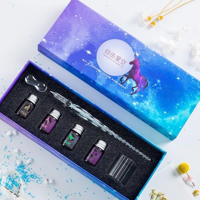 13/7Pcs Crystal Glass Pen Starry Sky Unicorn Dip Pen Glitter Powder Fountain Pen 12 Colors Ink Gift Box Set Writing Supplies - MCNM's Marketplace