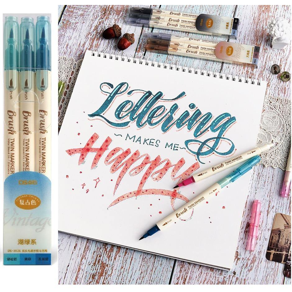 3pcs Retro color Twin Marker Pens Set Brush Drawing Fine Liner Water Based Ink Blendable Watercolor Art Painting School A6133 - MCNM's Marketplace