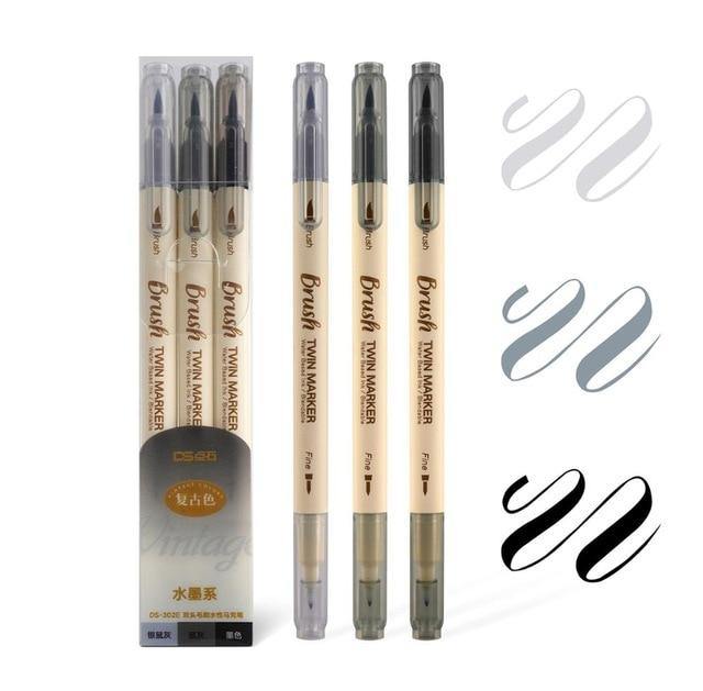 3pcs Retro color Twin Marker Pens Set Brush Drawing Fine Liner Water Based Ink Blendable Watercolor Art Painting School A6133 - MCNM's Marketplace