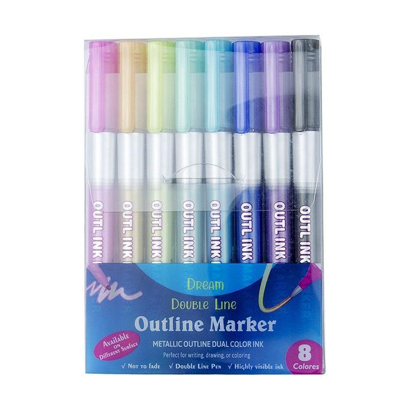 8/12 Colors Metallic Double Lines Art Markers Out line Pen Stationery Art Drawing Pens for Calligraphy Lettering Scrapbooking - MCNM's Marketplace